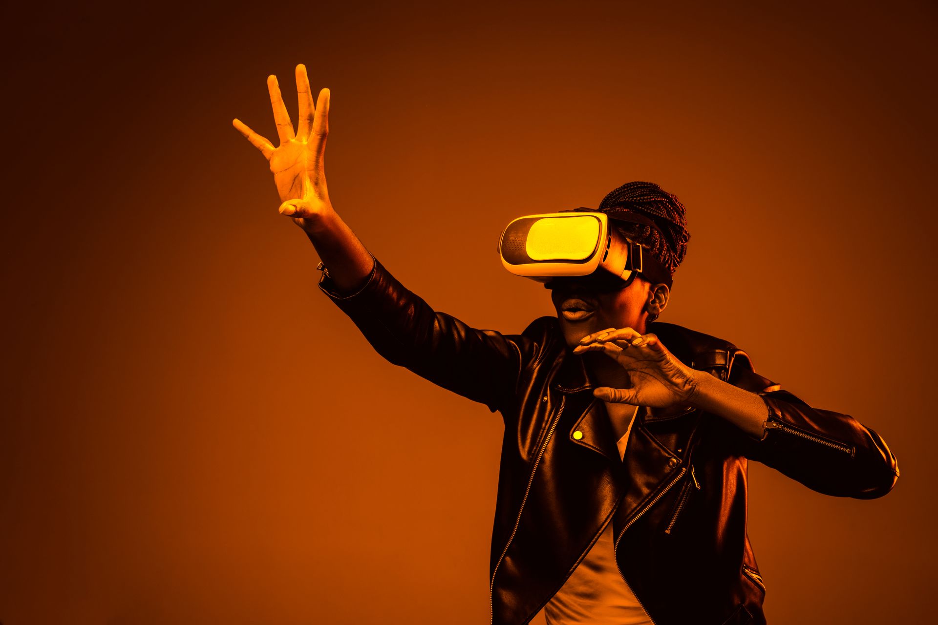 young woman using vr glasses with neon lights2